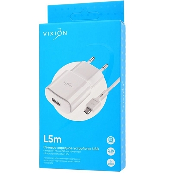 Сетевое зарядное устройство Vixion L5m (1-USB/2.1A) + MicroUSB кабель, 1м, белый